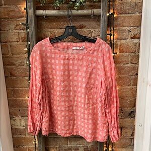 Elegant Coral Checkered Blouse- 100% Linen